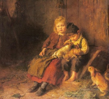 ペットと子供 Painting - 子供とウサギのペットの子供たち